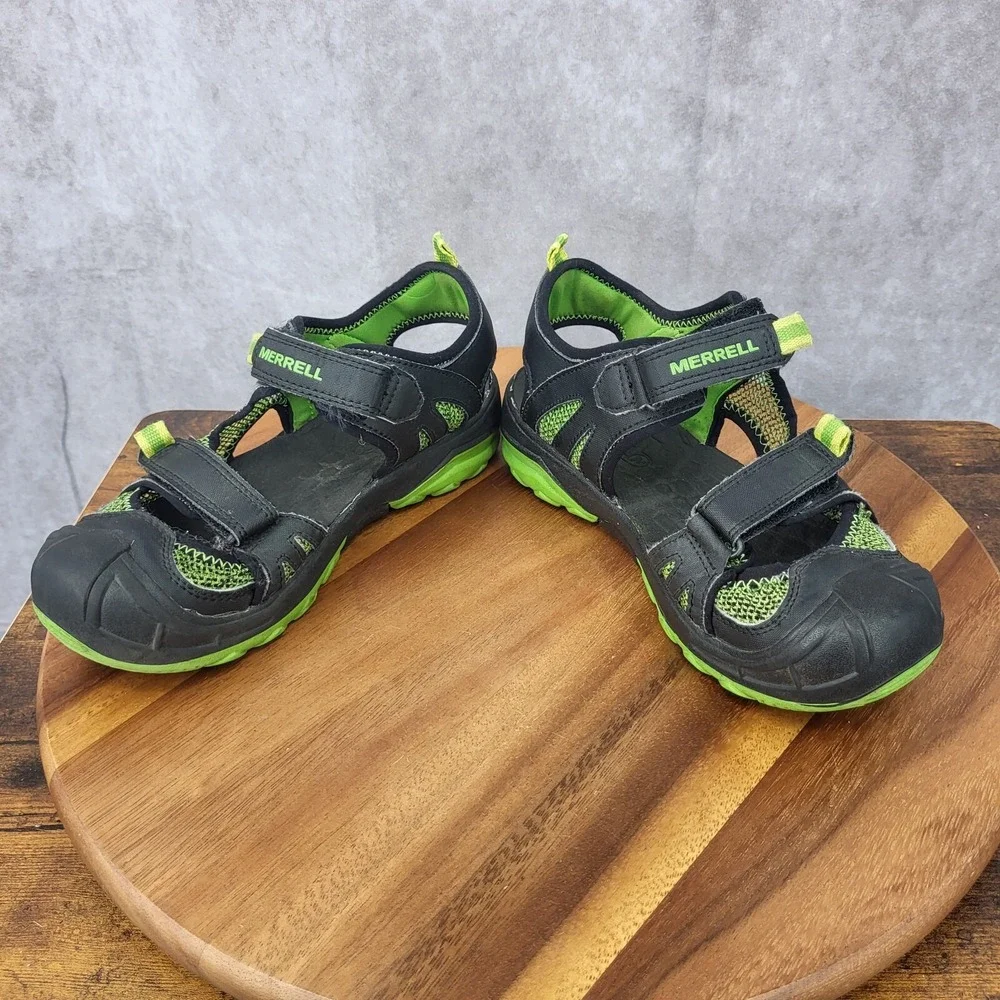 Merell Hydro Rapid Shoes Boys 4 M Black Green Leather Water Hiking Sport Sandals
